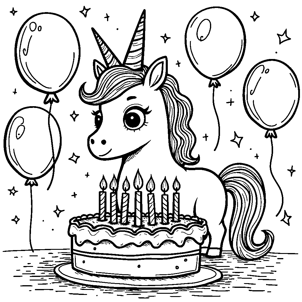 Unicorn blowing out candles on a birthday cake