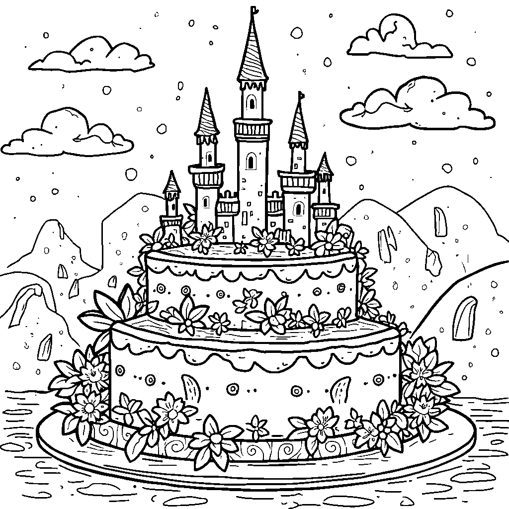 Unicorn cake with a design of a magical kingdom