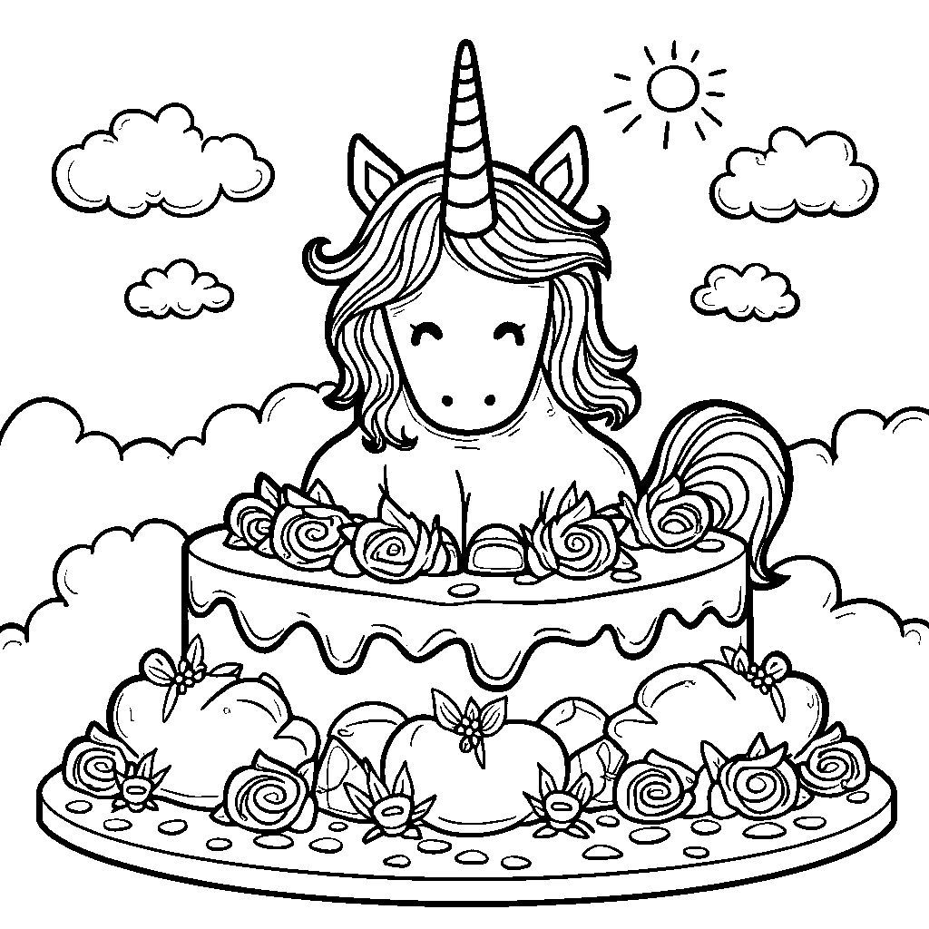 Unicorn cake with a design of clouds and sunshine