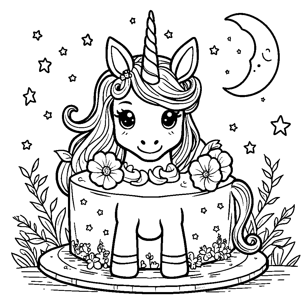 Unicorn cake with a design of stars and moon