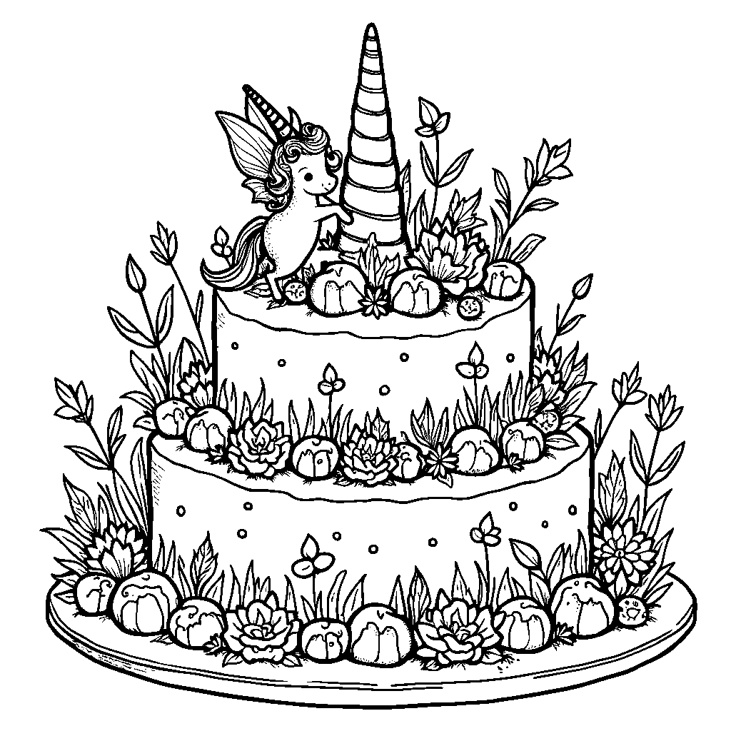 Unicorn cake with a fairy garden design