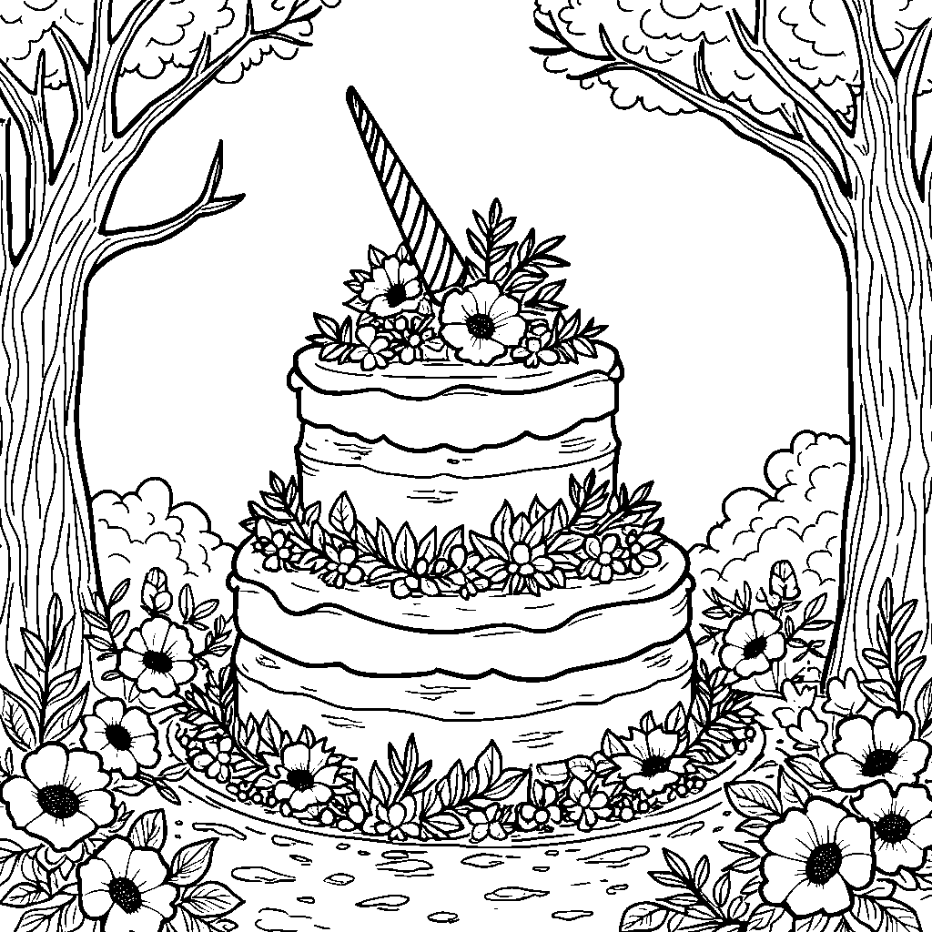 Unicorn cake with a fondant design of a magical forest