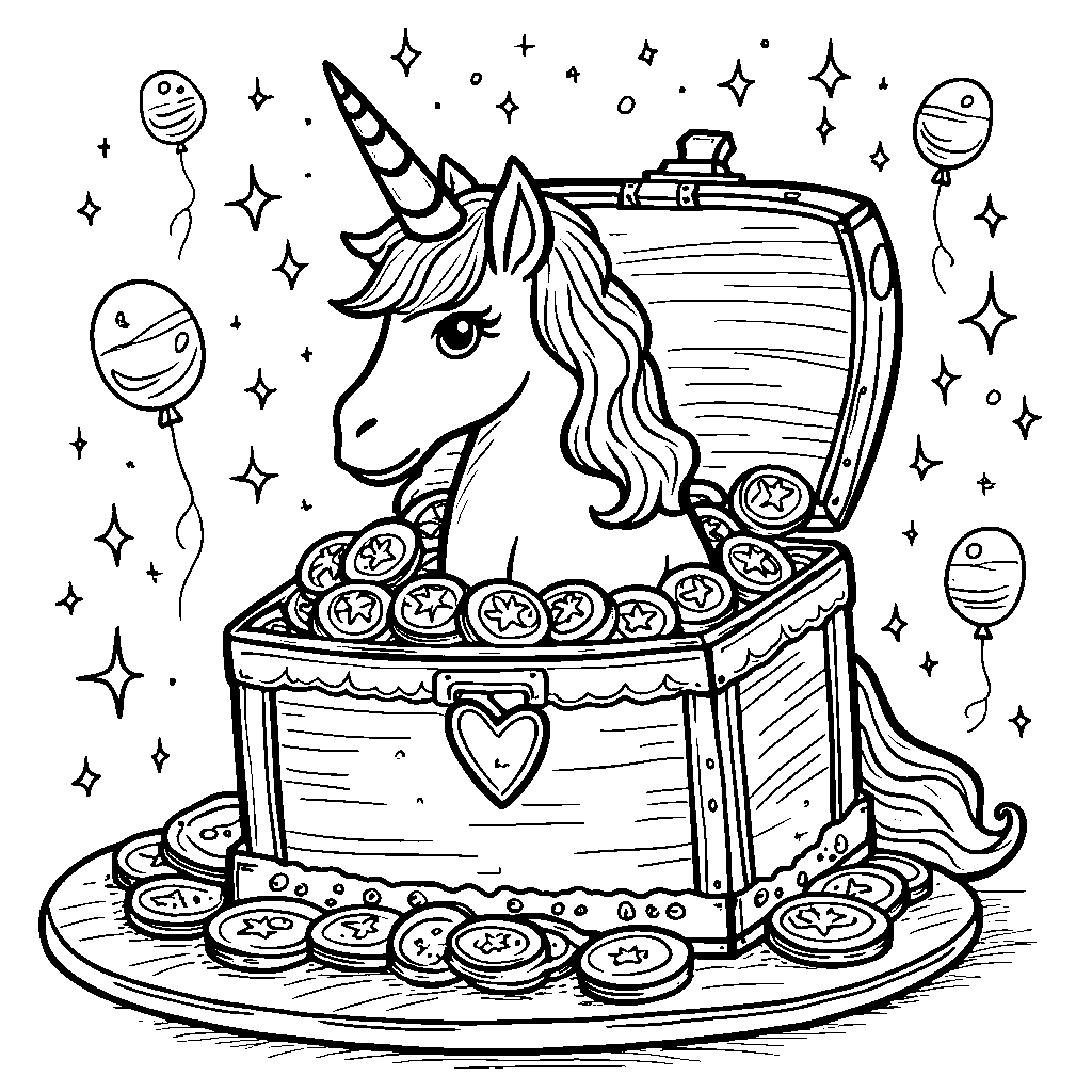 Unicorn cake with a hidden treasure chest inside