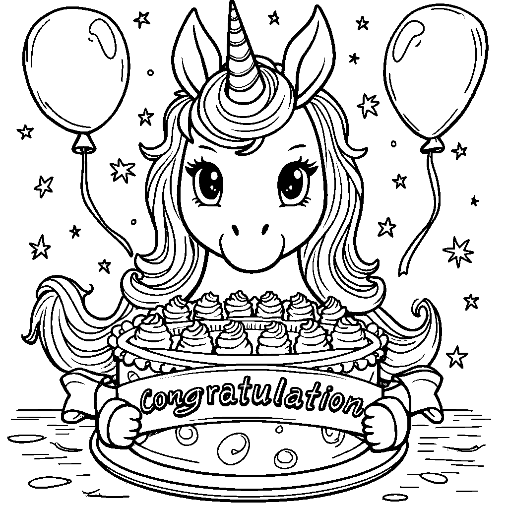 Unicorn holding a cake with a 'Congratulations' banner