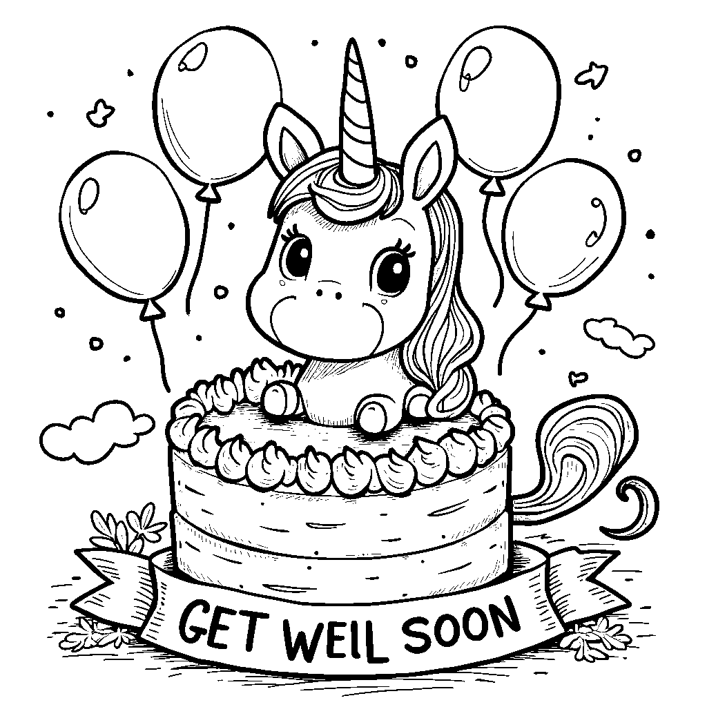 Unicorn holding a cake with a 'Get Well Soon' banner