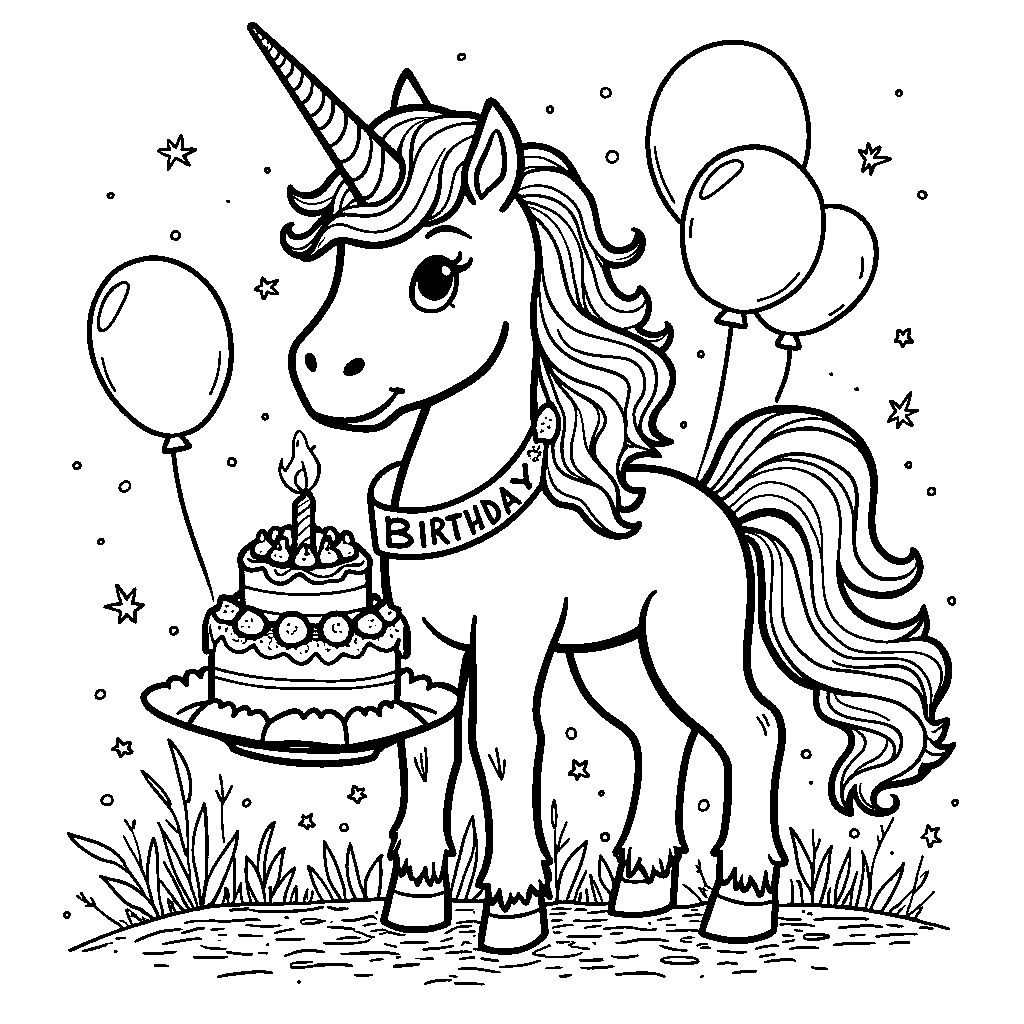 Unicorn holding a cake with a 'Happy Birthday' banner