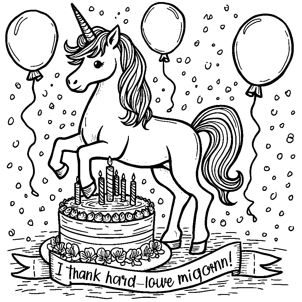 Unicorn holding a cake with a 'Thank You' banner