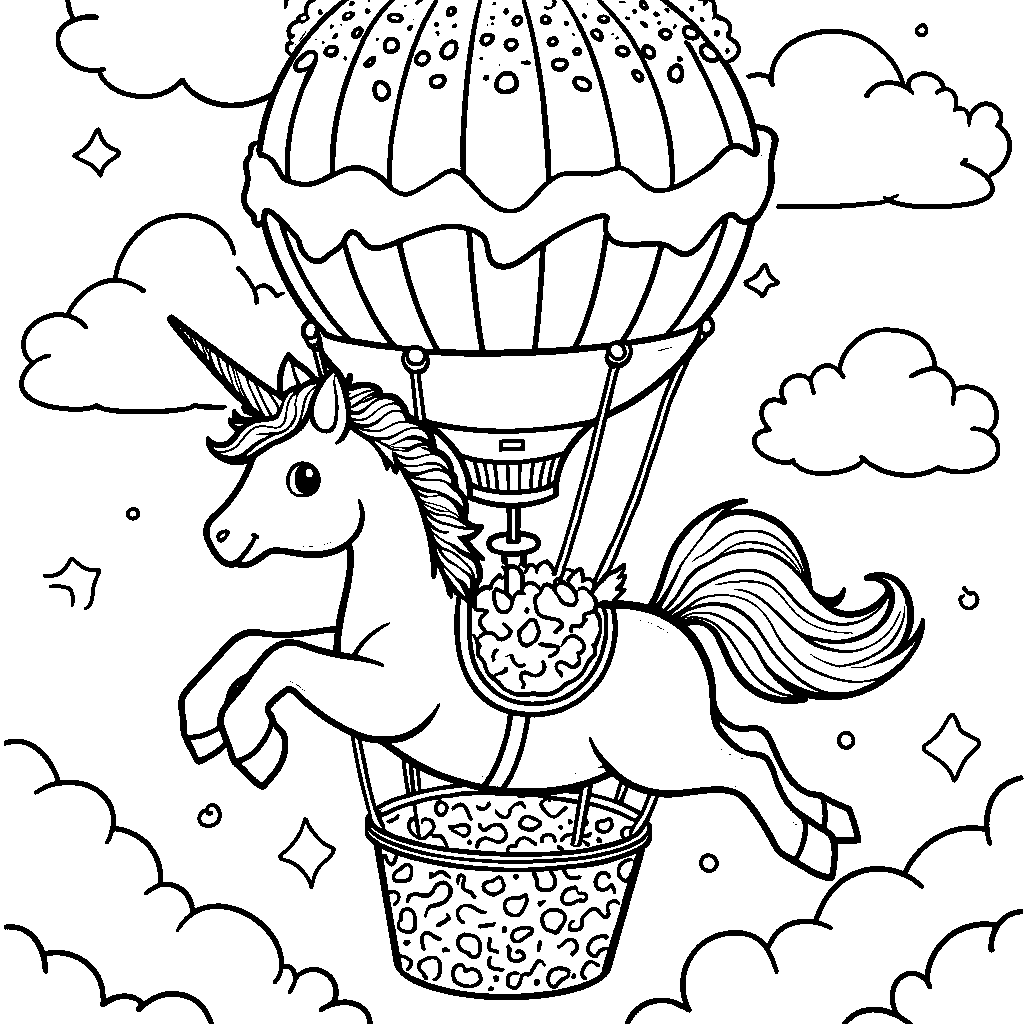 Unicorn riding a hot air balloon made of cake