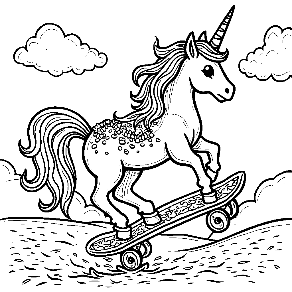 Unicorn riding a skateboard made of cake