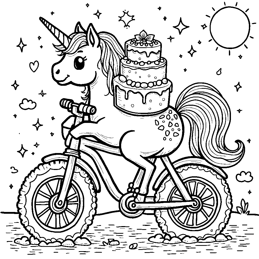 Unicorn riding a unicorn-shaped cake like a bike