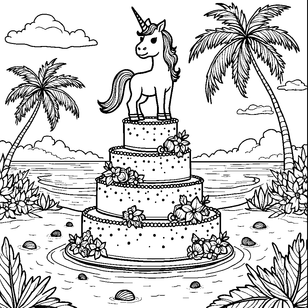 Unicorn standing on top of a cake with a beach scene