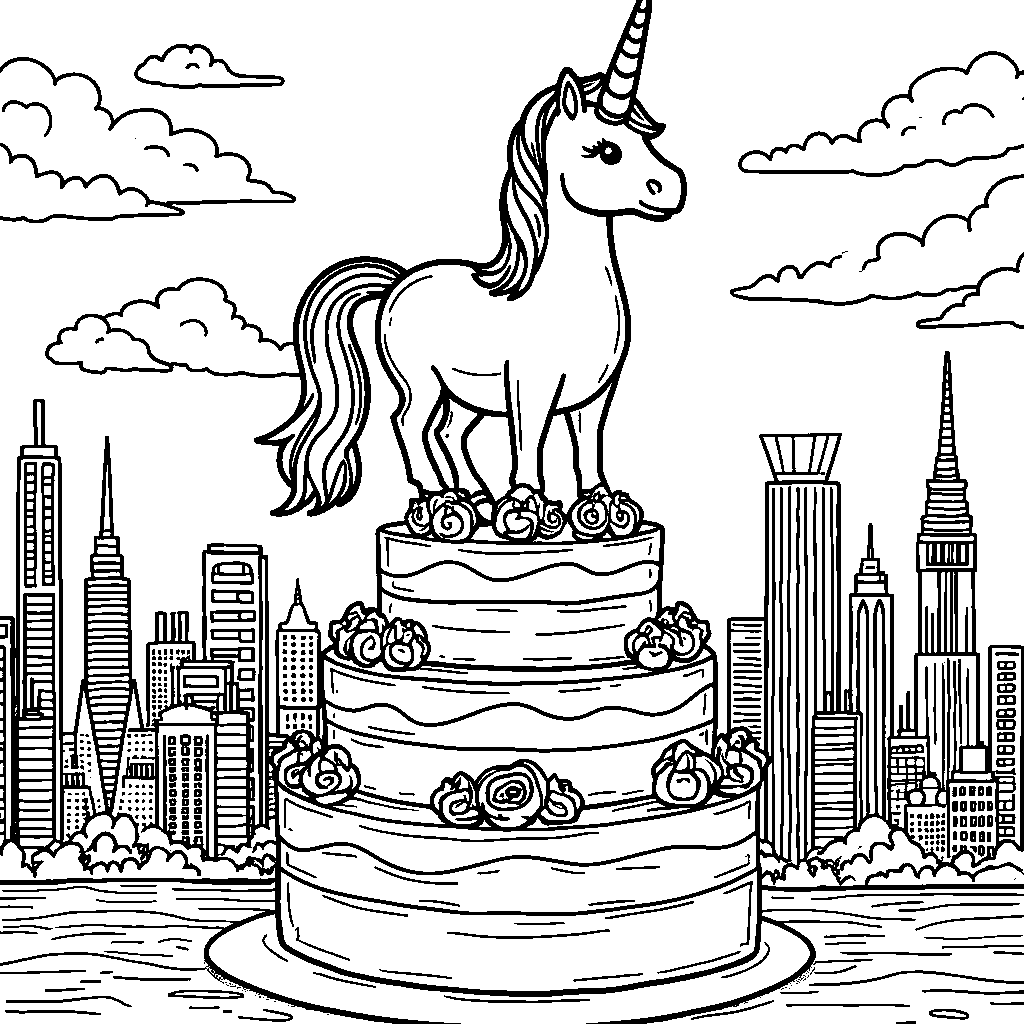 Unicorn standing on top of a cake with a city skyline