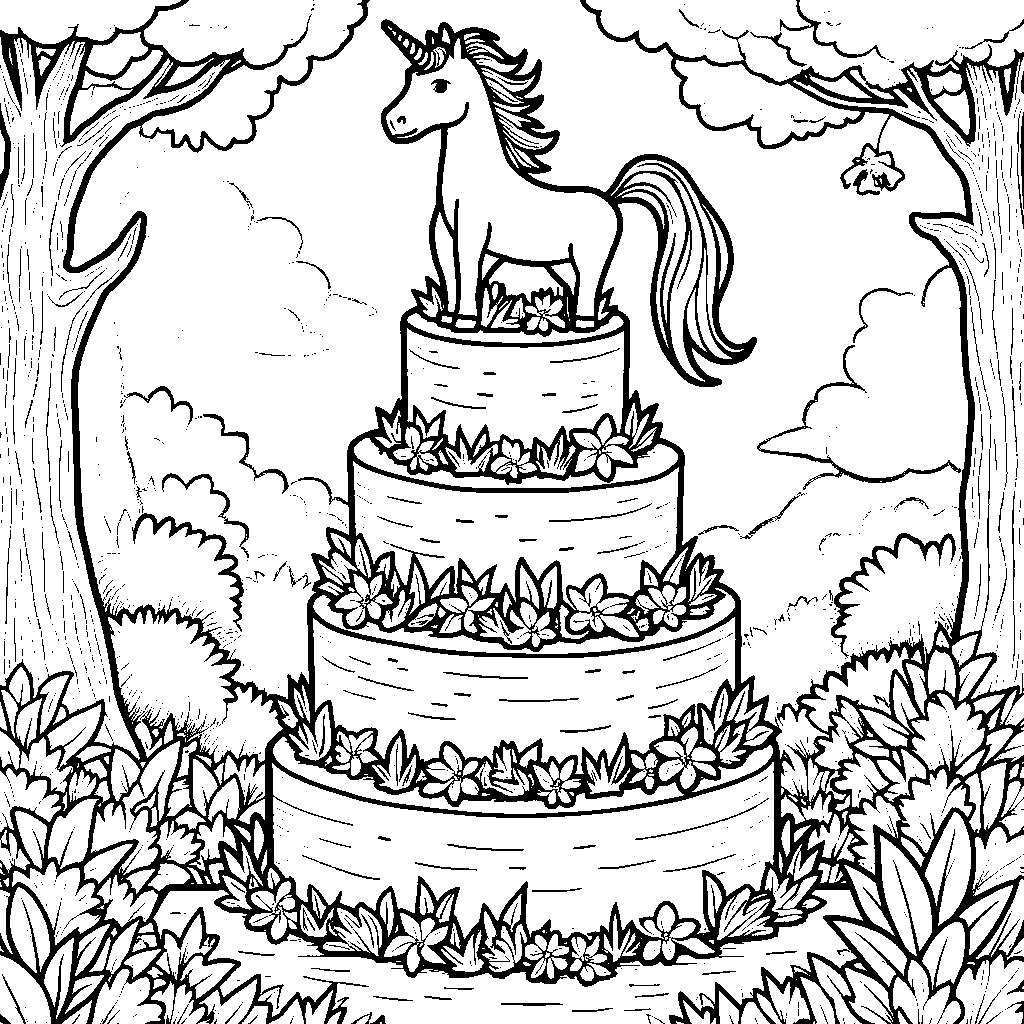 Unicorn standing on top of a cake with a forest scene