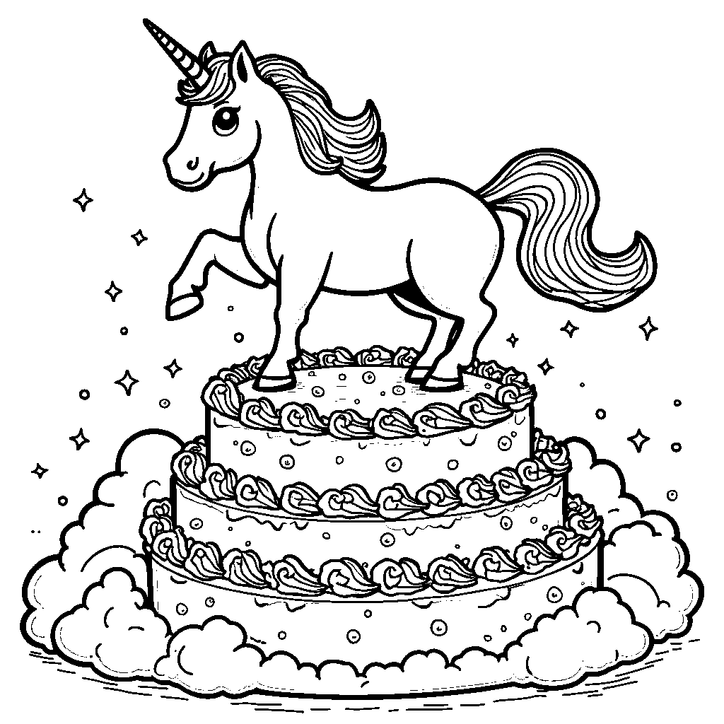 Unicorn standing on top of a multi-tiered cake