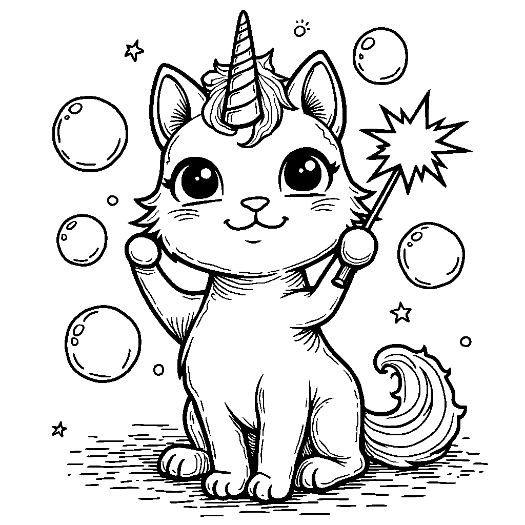 Unicorn cat blowing bubbles with a magic wand