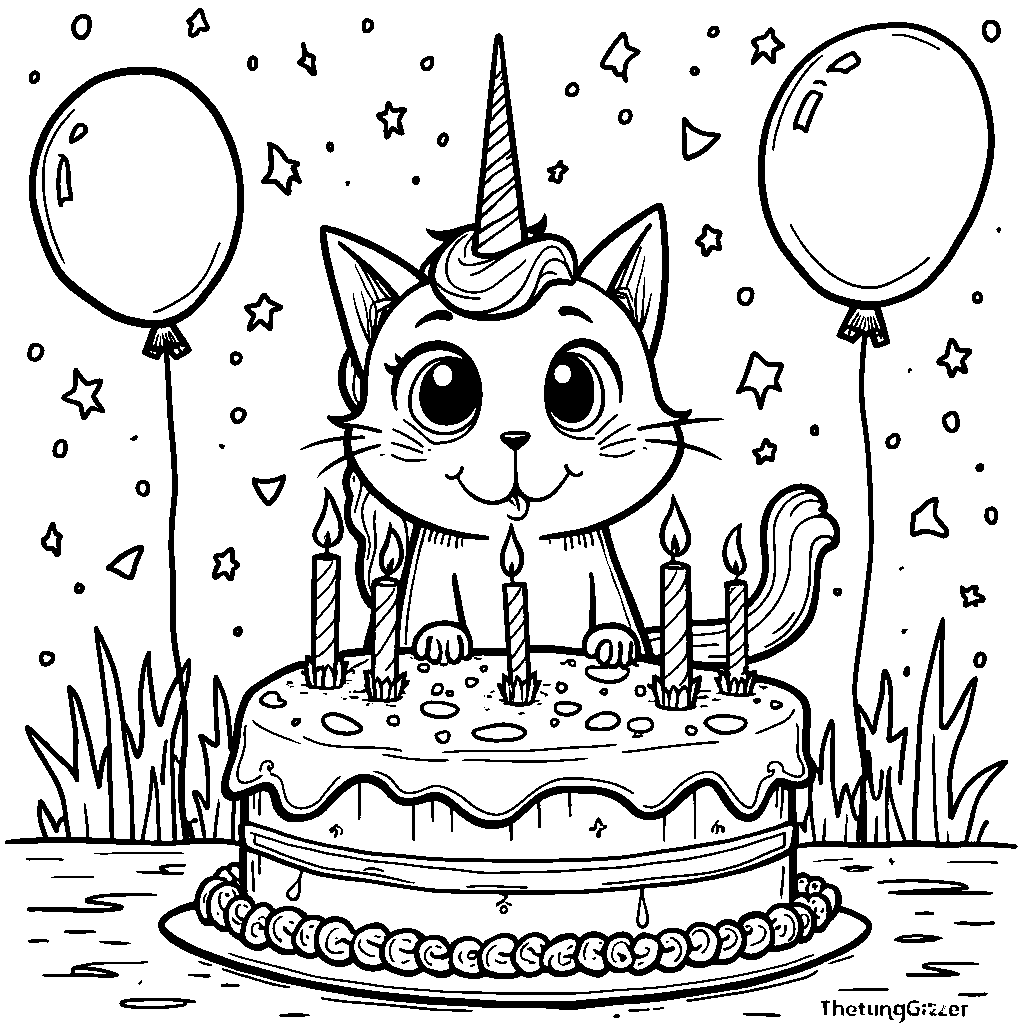 Unicorn cat blowing out candles on a birthday cake