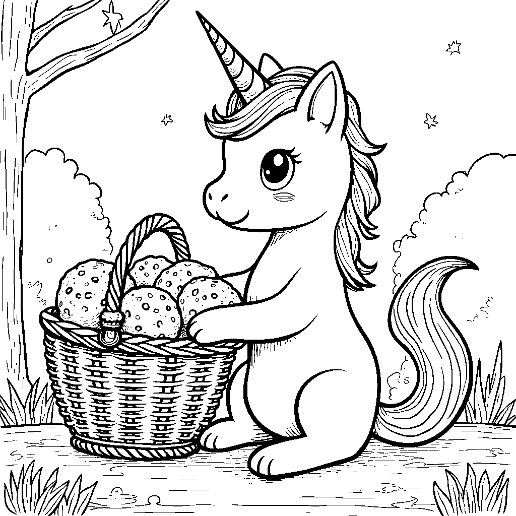 Unicorn cat holding a basket of freshly baked cookies