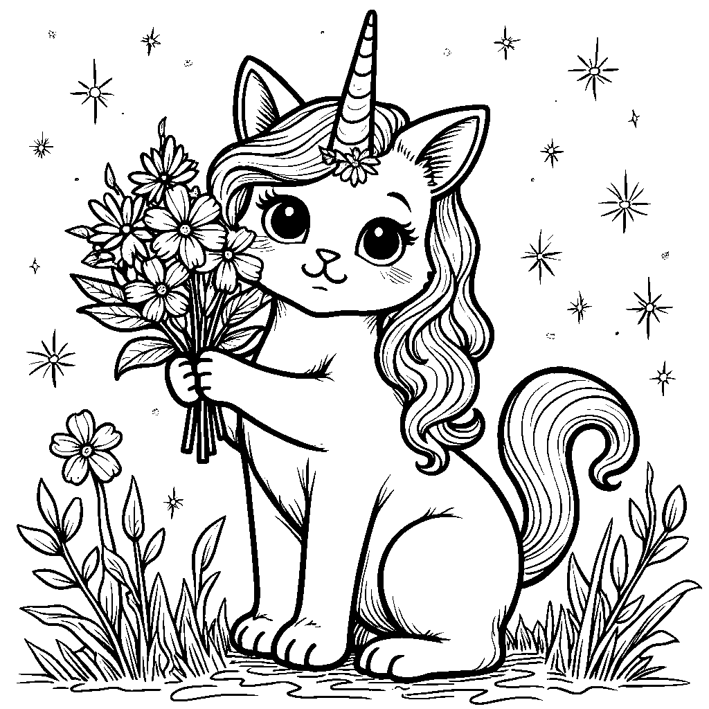 Unicorn cat holding a bouquet of colorful flowers