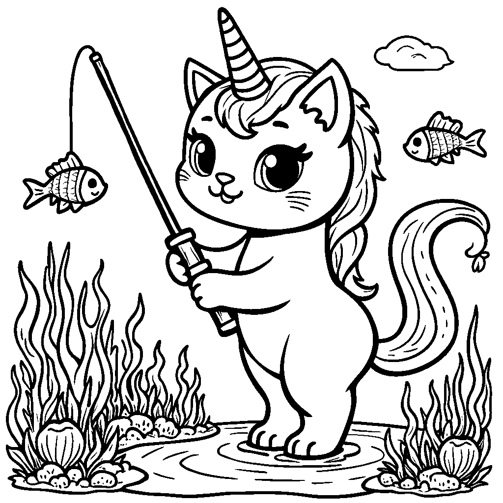 Unicorn cat holding a fishing rod and catching a rainbow fish