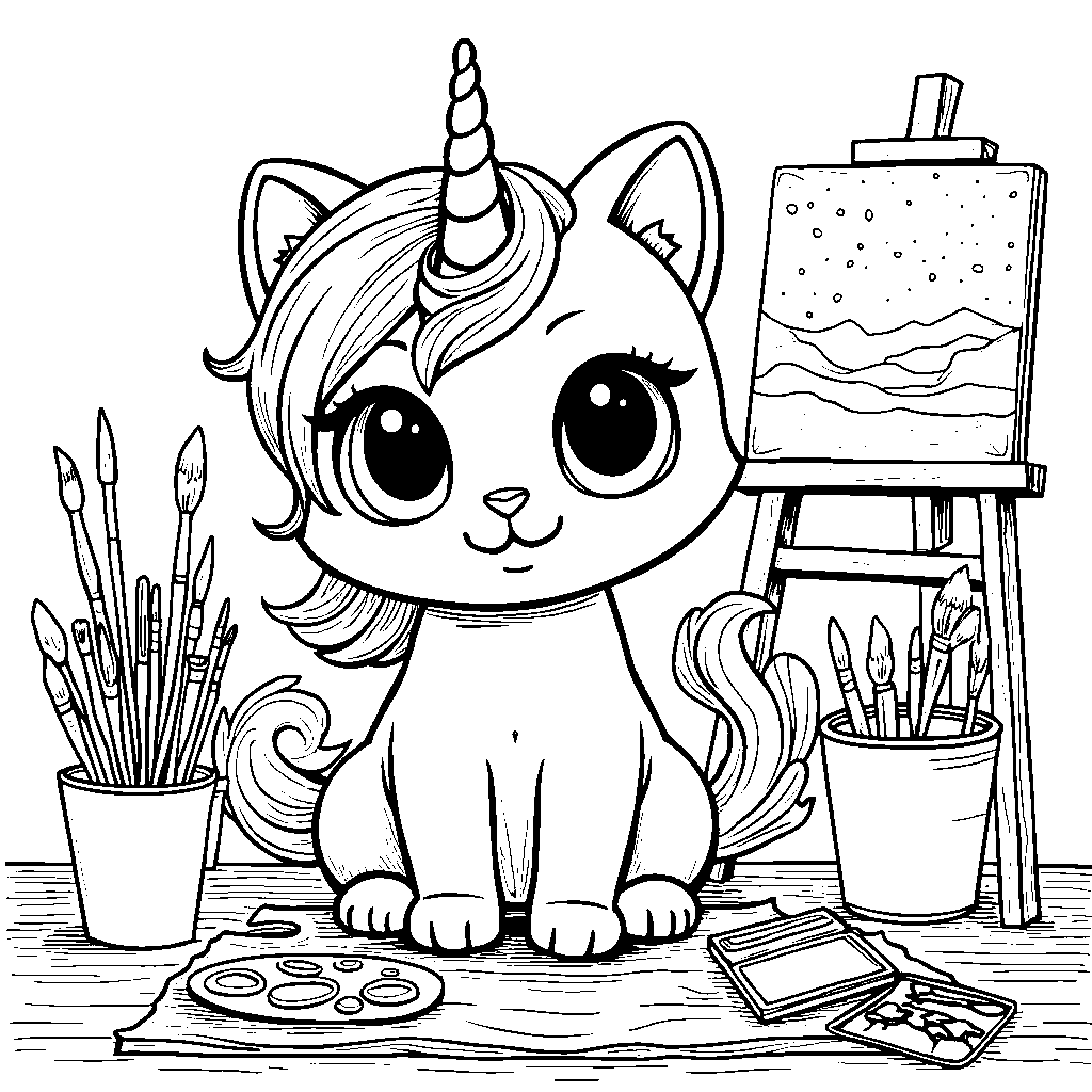 Unicorn cat holding a paintbrush and palette