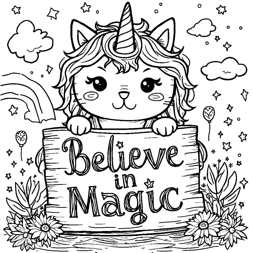 Unicorn cat holding a sign that says 'Believe in Magic'