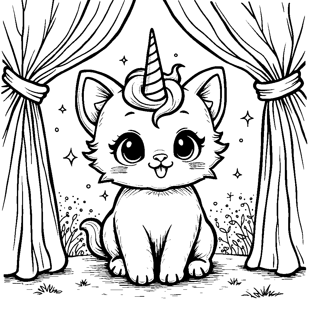 Unicorn cat playing hide-and-seek behind a curtain