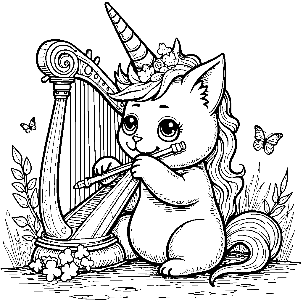 Unicorn cat playing a musical instrument, like a harp or flute