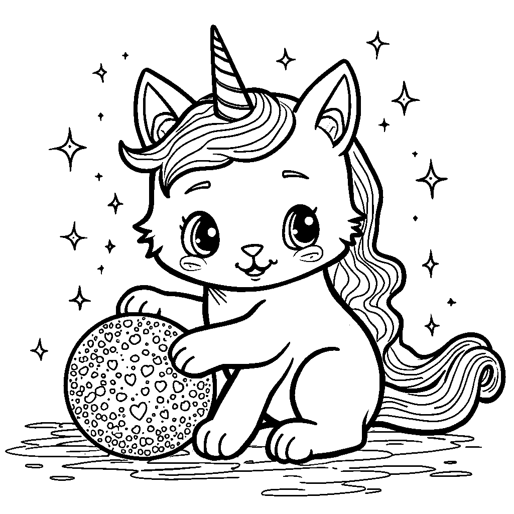 Unicorn cat playing with a ball of glitter