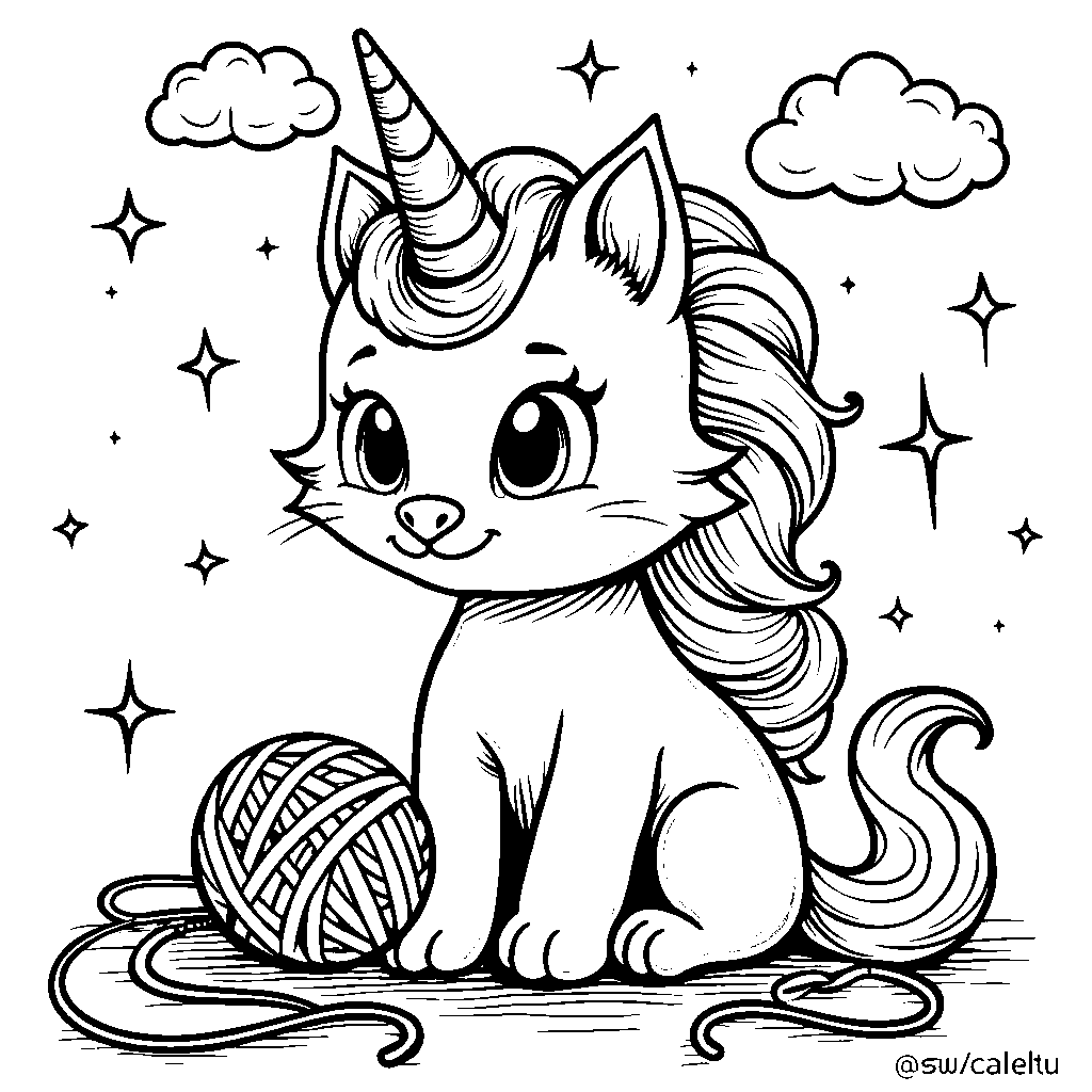 Unicorn cat playing with a ball of yarn