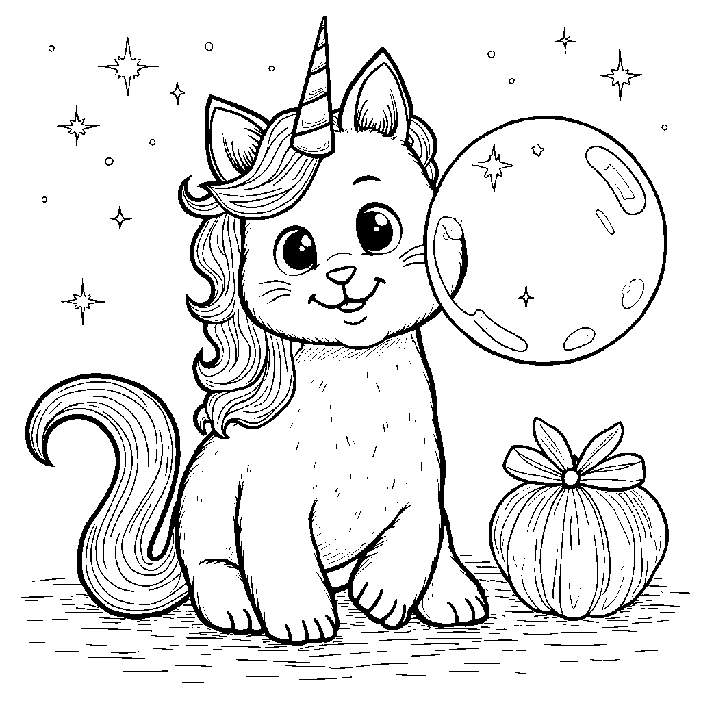 Unicorn cat playing with a giant soap bubble