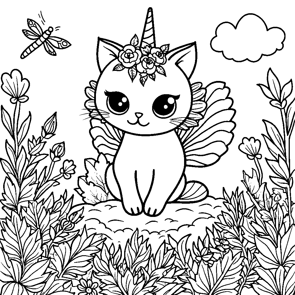 Unicorn cat riding a dragonfly through a garden