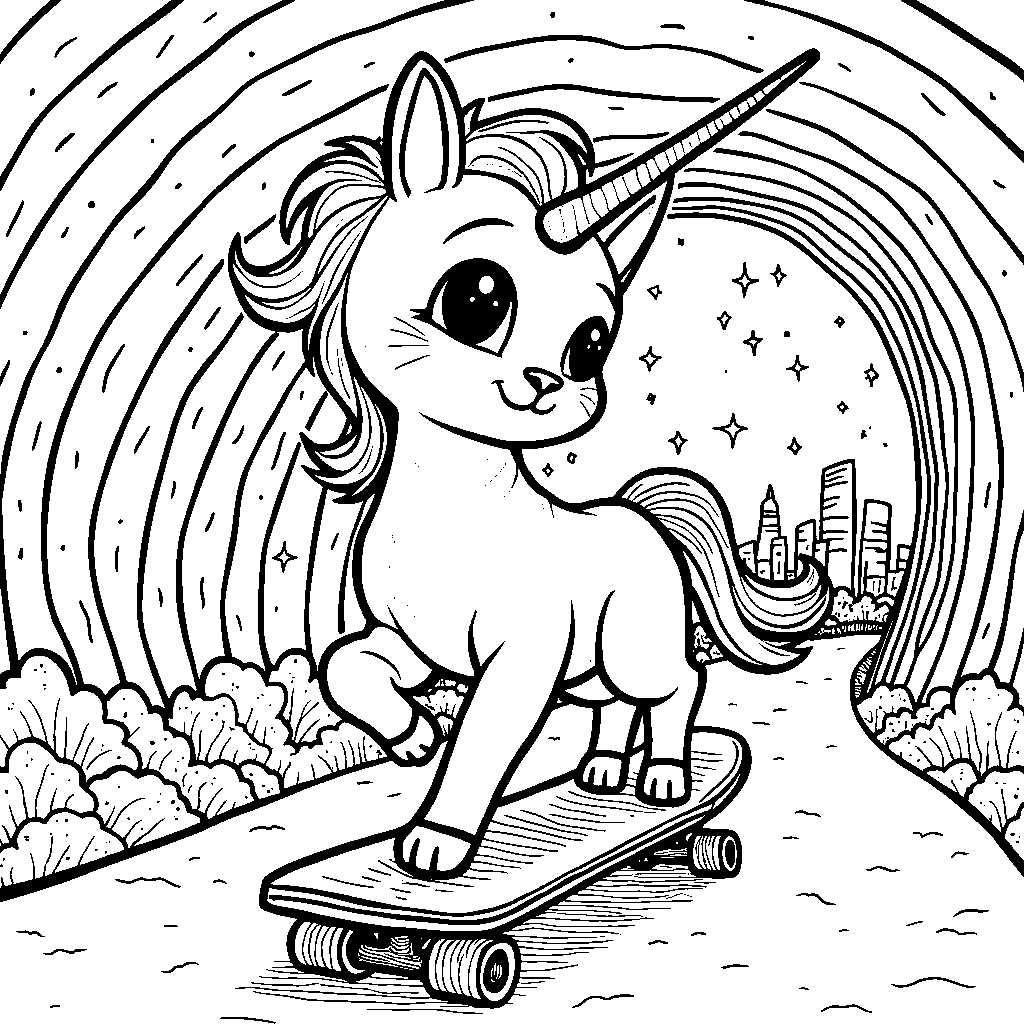 Unicorn cat riding a skateboard through a rainbow tunnel