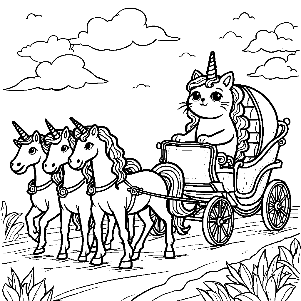 Unicorn cat riding a unicorn-drawn carriage