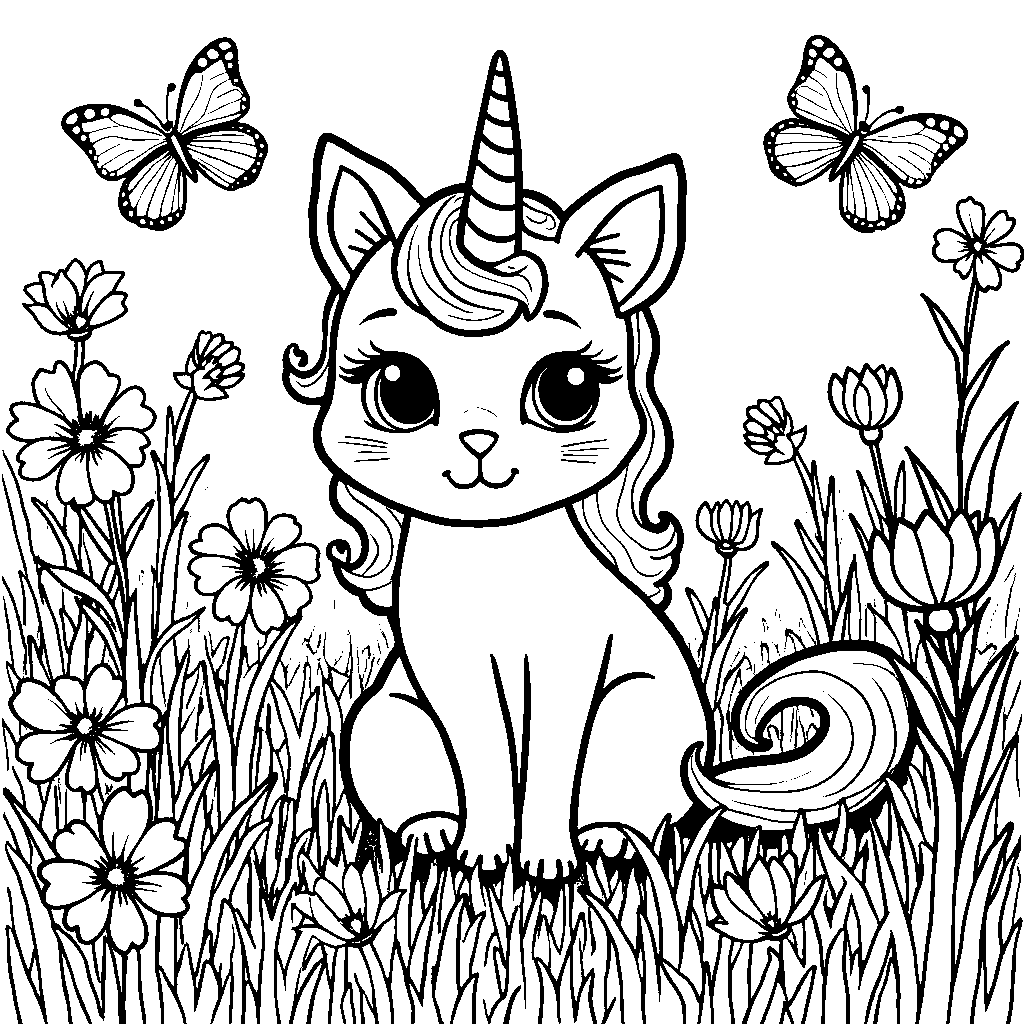 Unicorn cat sitting in a field of wildflowers