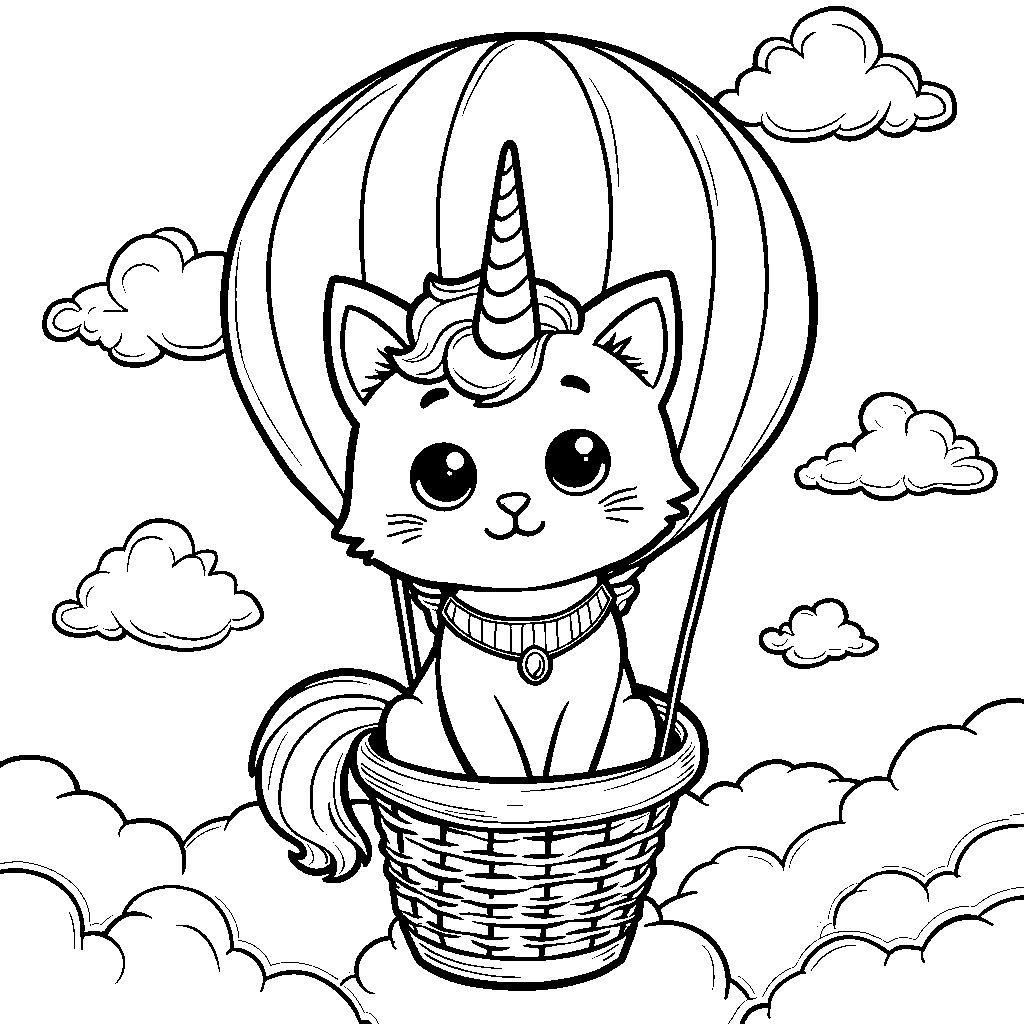 Unicorn cat sitting in a hot air balloon