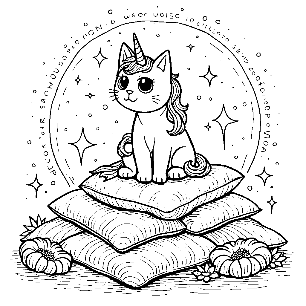 Unicorn cat sitting on a giant pile of colorful pillows