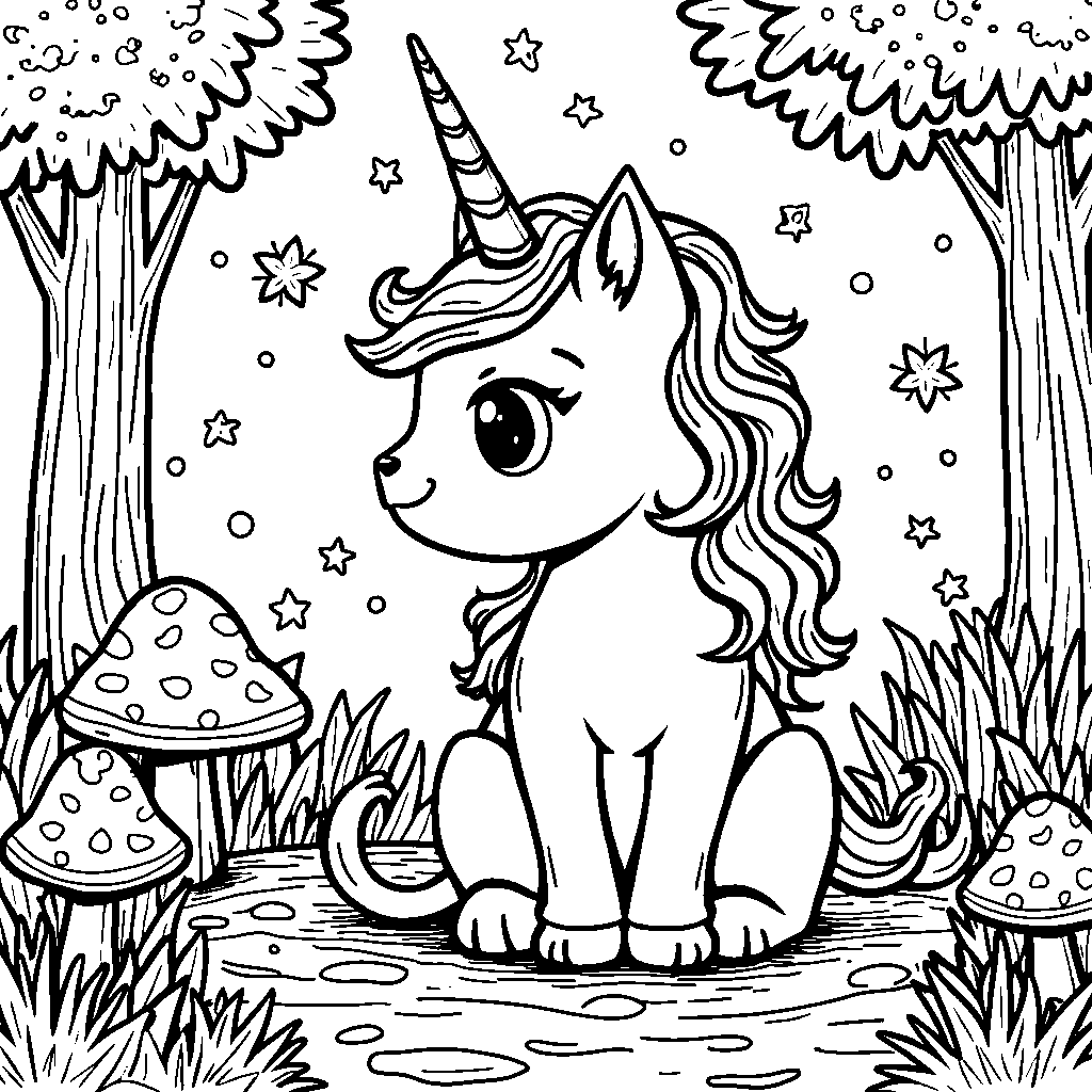 Unicorn cat sitting on a mushroom in a magical forest