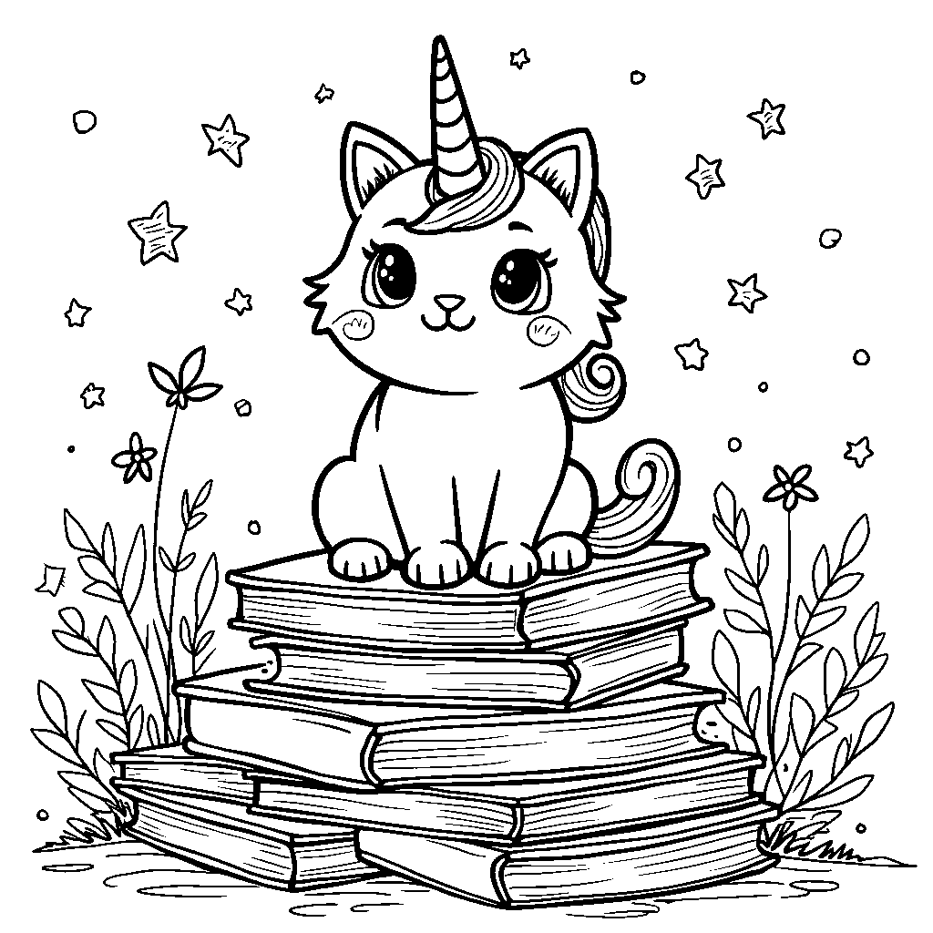 Unicorn cat sitting on a pile of colorful books