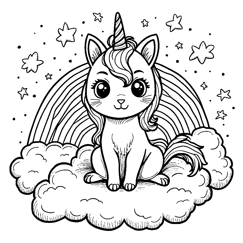 Unicorn cat sitting on a rainbow cloud