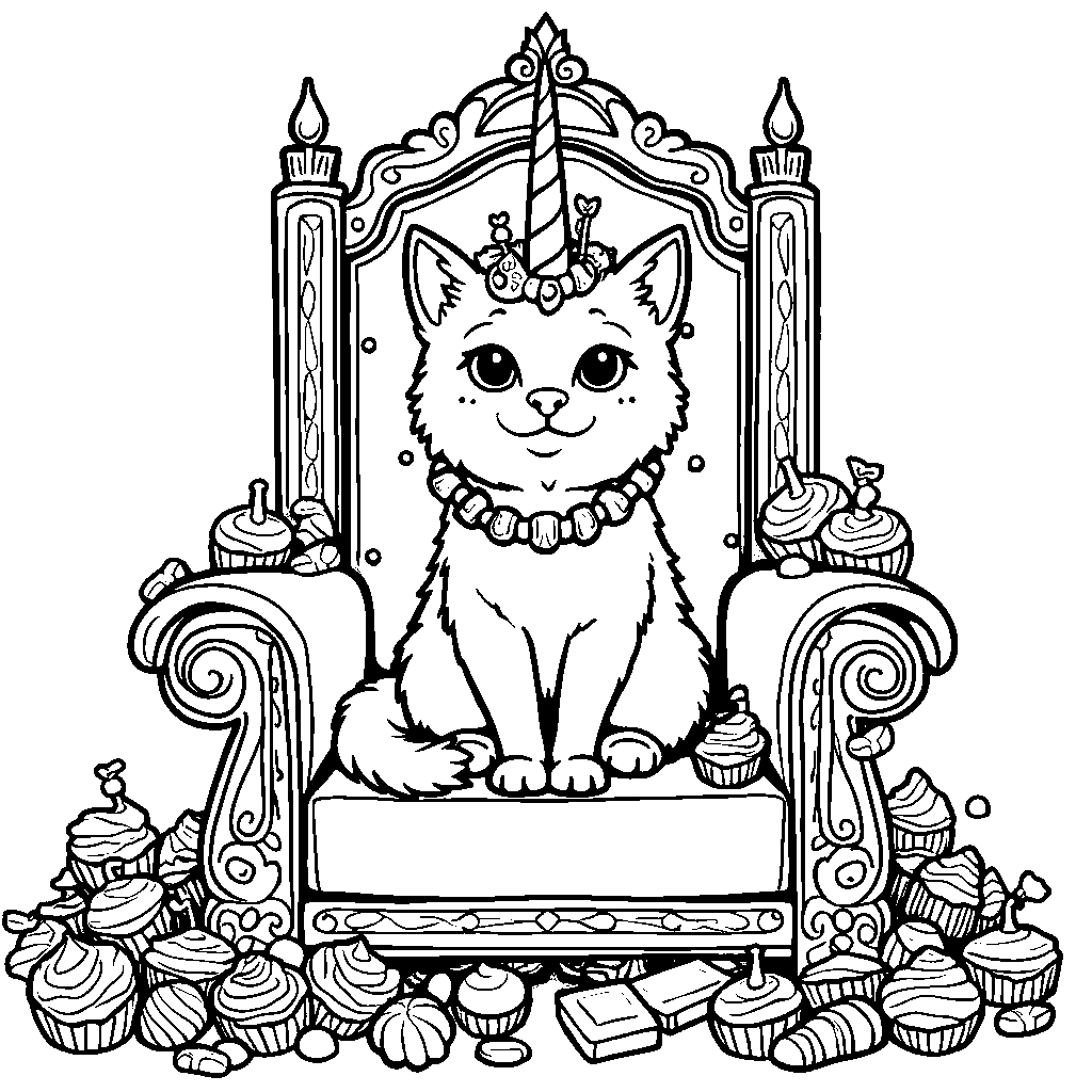 Unicorn cat sitting on a throne made of candy