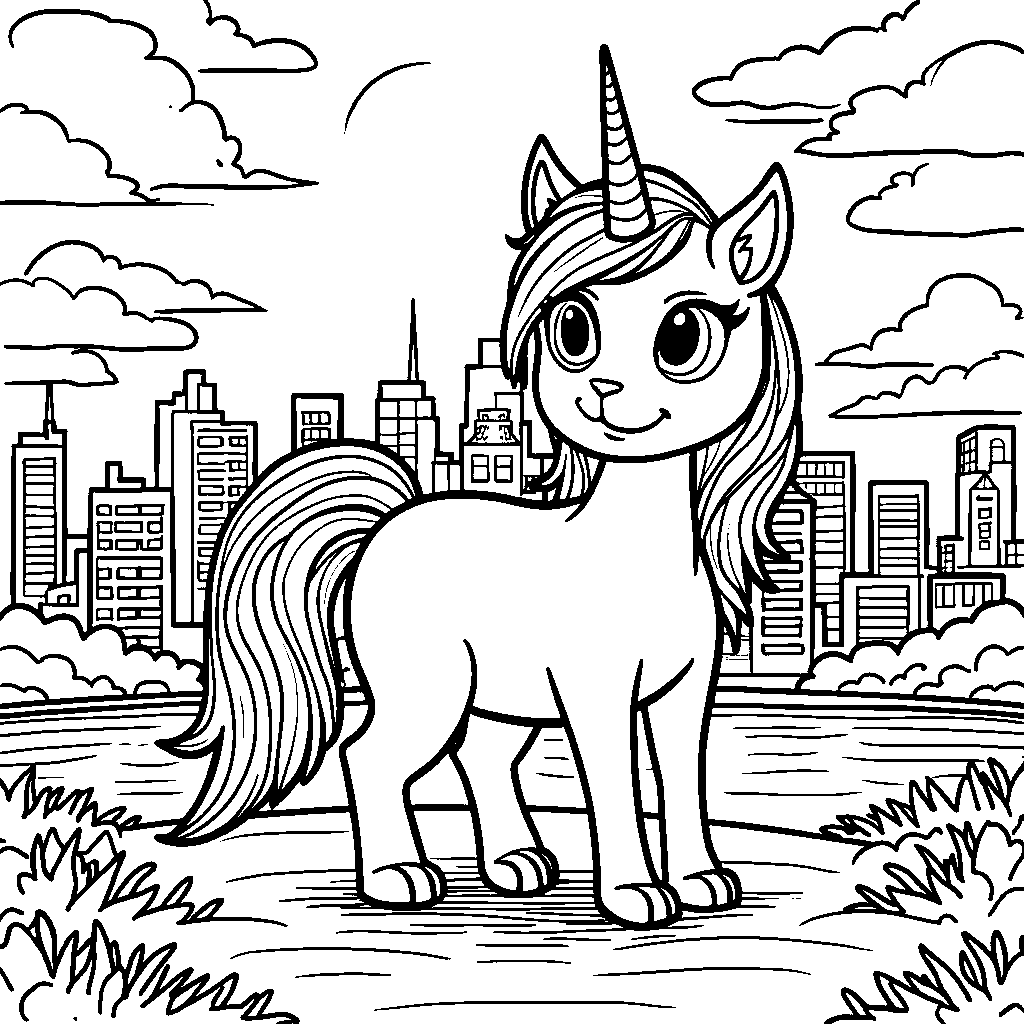 Unicorn cat standing in front of a city skyline at sunset