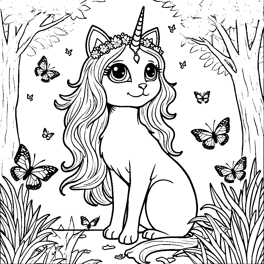 Unicorn cat surrounded by fluttering butterflies