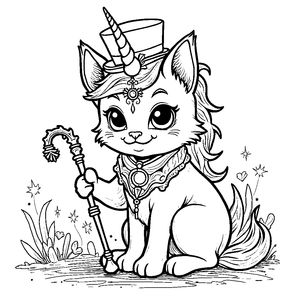 Unicorn cat wearing a top hat and holding a cane