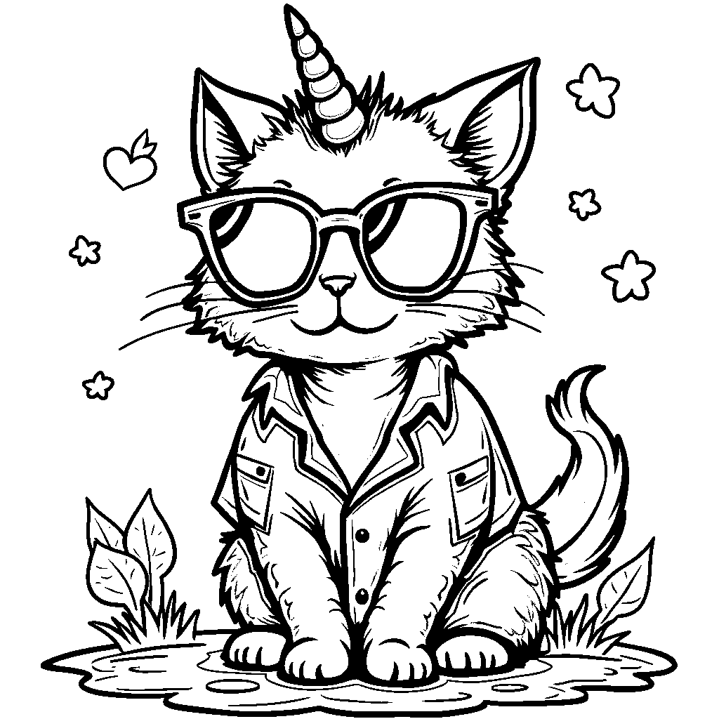 Unicorn cat wearing sunglasses and a Hawaiian shirt