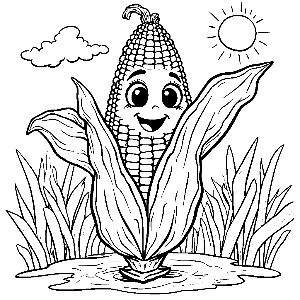 A corn stalk with a smiling face and arms