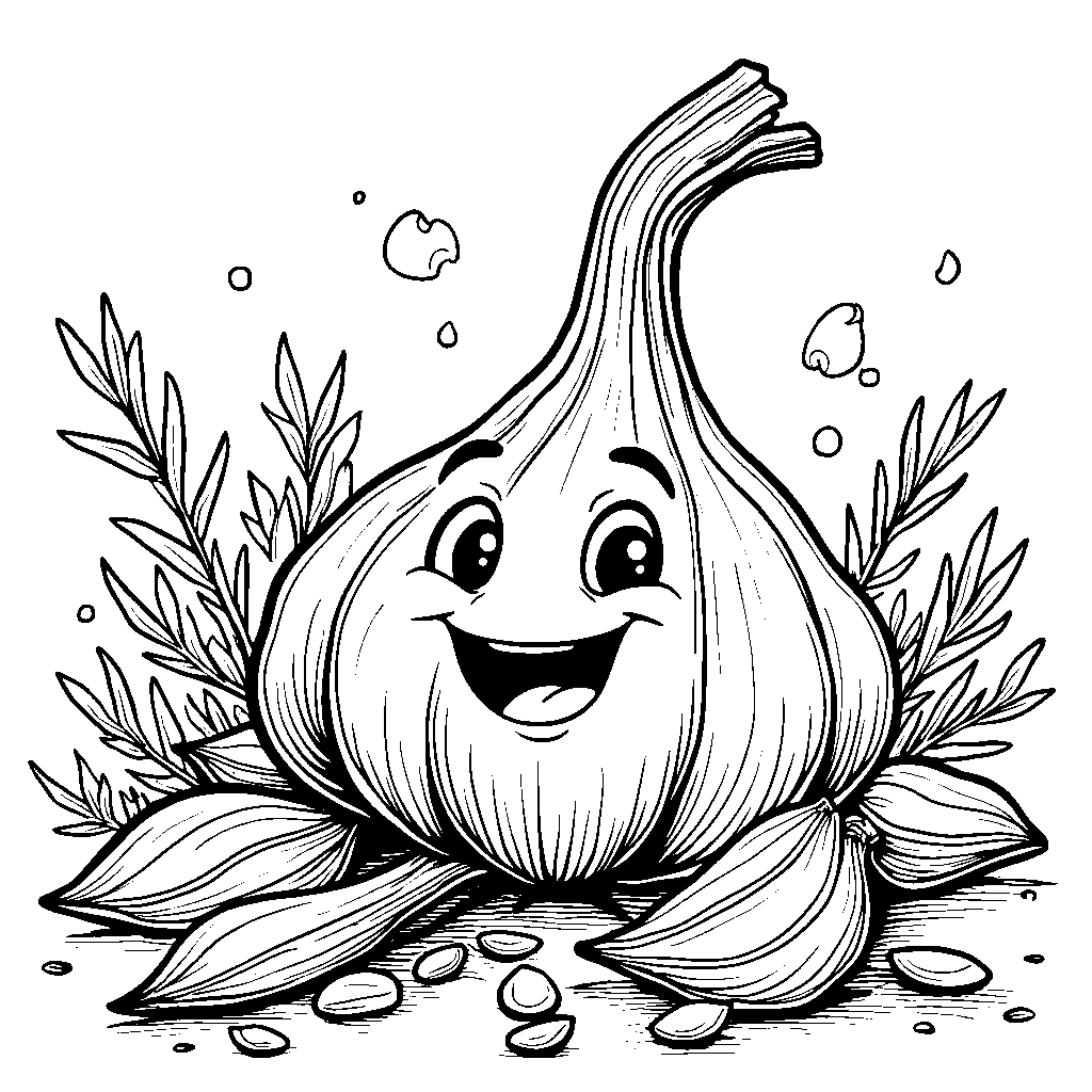 A happy garlic bulb with a smiling face