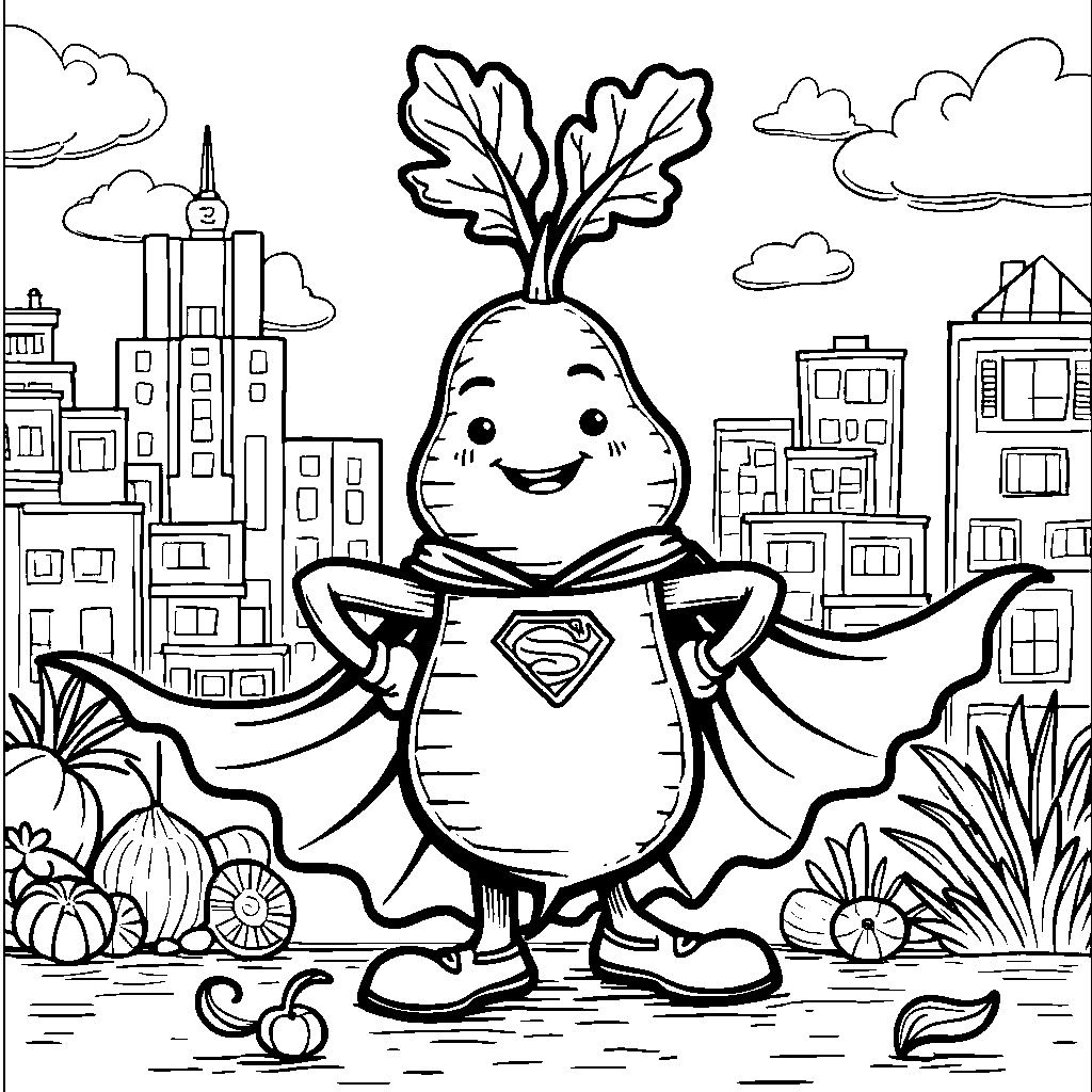 A happy turnip wearing a superhero cape