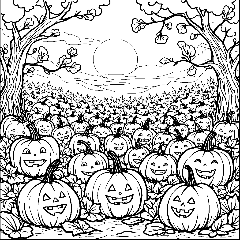 A pumpkin patch with happy jack-o-lanterns