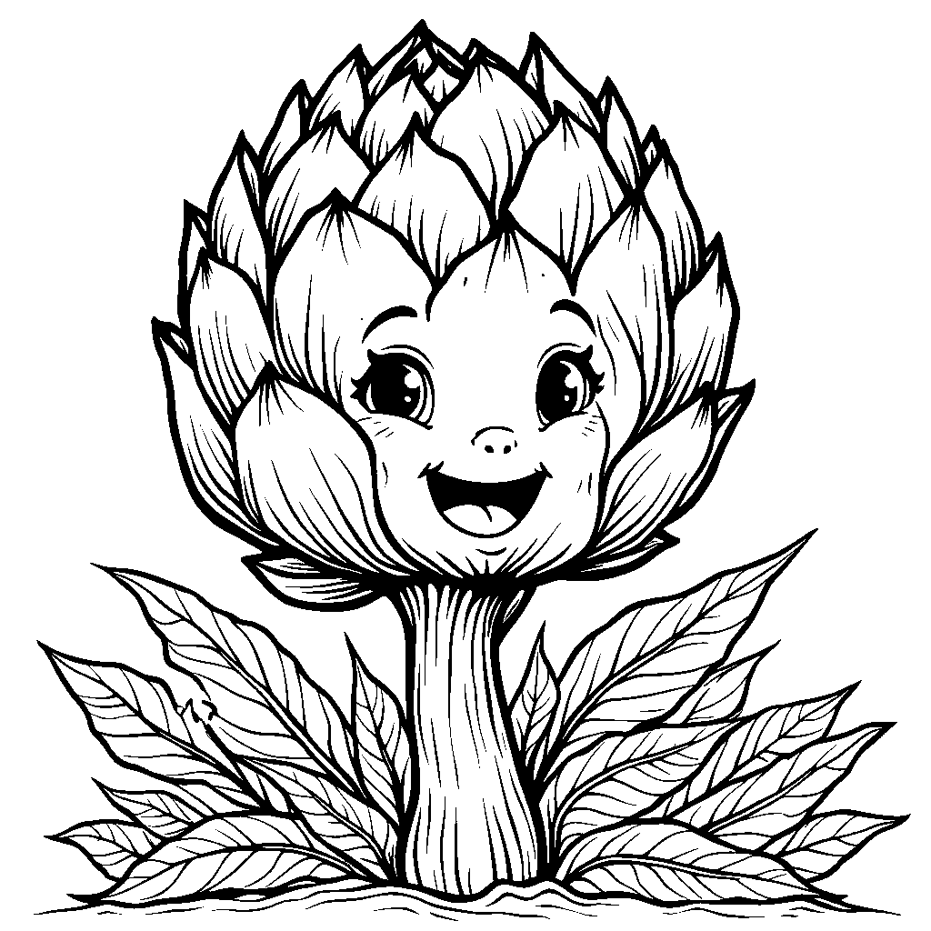 A smiling artichoke with a happy face