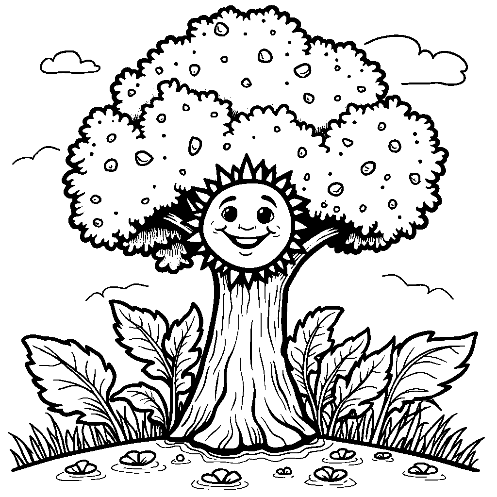 A smiling broccoli tree with a sunny face